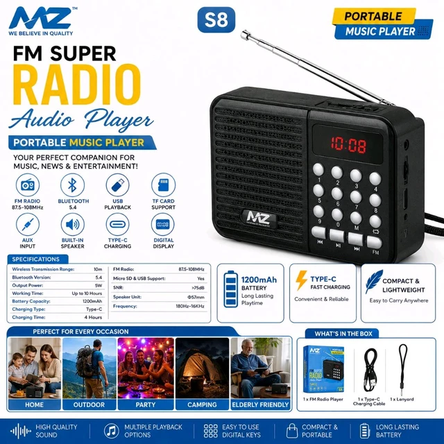 MZ S8 Portable FM Radio Bluetooth Speaker with Type-C Fast Charging, 1200mAh Battery, USB & TF Card Support, Digital Display, AUX Input, Wireless Music Player for Home, Travel & Outdoor
