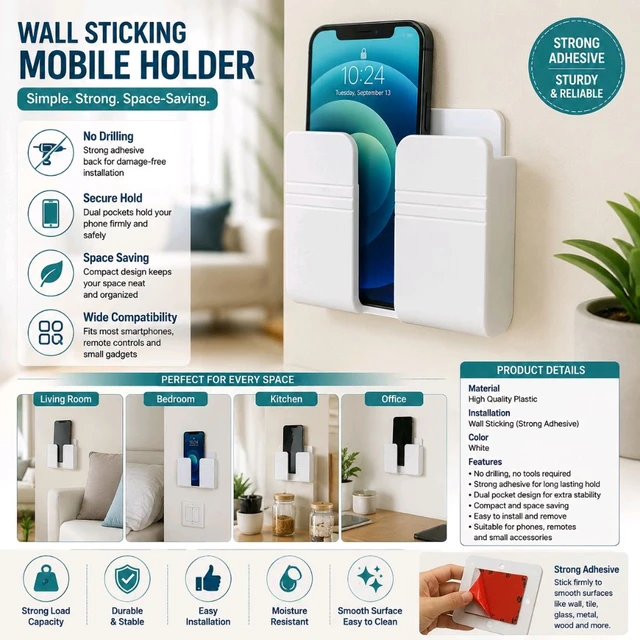 Wall Mount Mobile Phone Holder | Self-Adhesive Wall Sticking Mobile Stand | No Drill Phone Storage Pocket | Universal Smartphone Holder for Home, Office, Kitchen & Bedroom | White