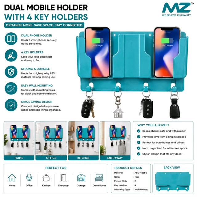 Wall Mounted Dual Mobile Holder with 4 Key Hooks | Self-Adhesive Phone Charging Stand | Multipurpose Mobile Charging Organizer | Remote & Key Storage Rack for Home, Office & Entryway