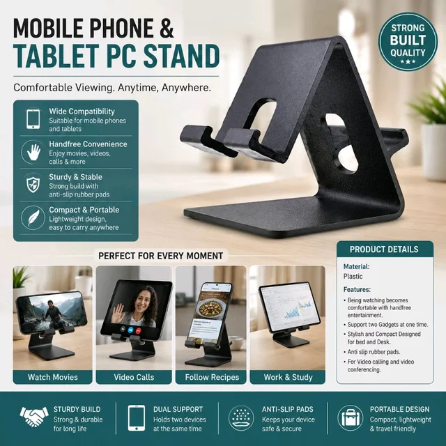 Universal Mobile Phone & Tablet Desk Stand | Foldable Plastic Mobile Holder | Anti-Slip Stable Desktop Stand | Hands-Free Stand for Smartphones, Tablets, Video Calls, Online Classes & Office Use