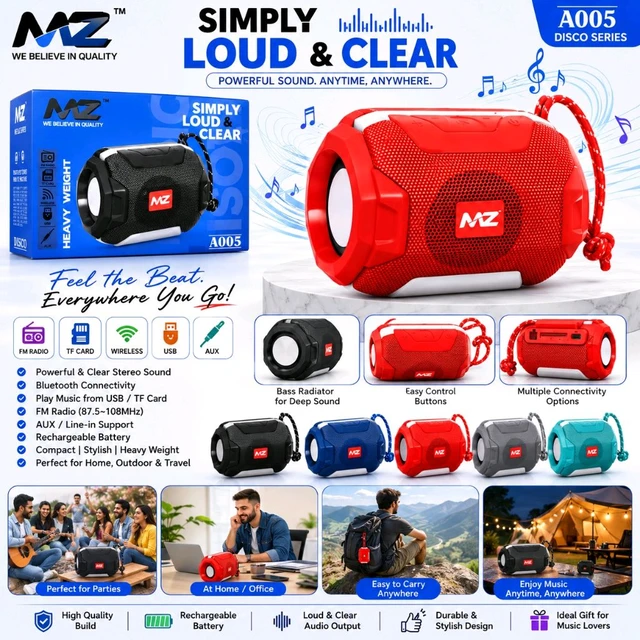 MZ A005 Portable Wireless Bluetooth Speaker with FM Radio, USB, TF Card & AUX Support | Rechargeable 1000mAh Battery | Deep Bass Stereo Sound | Compact Heavy-Weight Design for Home, Travel & Outdoor