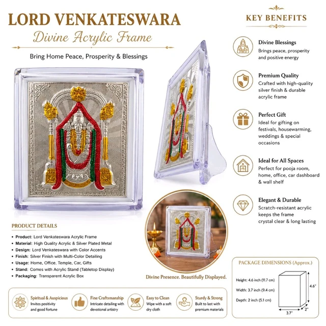 Lord Venkateswara Acrylic Photo Frame with Silver Finish | Decorative Balaji Venkateswara Swamy Religious Idol Frame with Tabletop Stand | Pooja Room, Home, Office & Gifting | 1 No. New Stand 999 Silver | Approx. 3.7 × 4.6 × 2 Inches