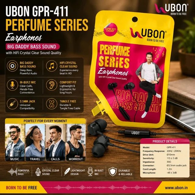 UBON GPR-411 Perfume Series Wired Earphones with Mic | HiFi Crystal Clear Sound | Big Daddy Bass | 3.5mm Jack | In-Ear Stereo Earphones for Smartphones, Tablets, Laptops & PCs
