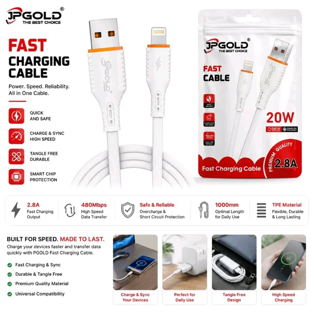 JP GOLD 20W Fast Charging USB to Lightning Cable | 2.8A Fast Charge & Data Sync Cable | Durable TPE Cable for iPhone, iPad & Apple Devices | High-Speed Charging | White