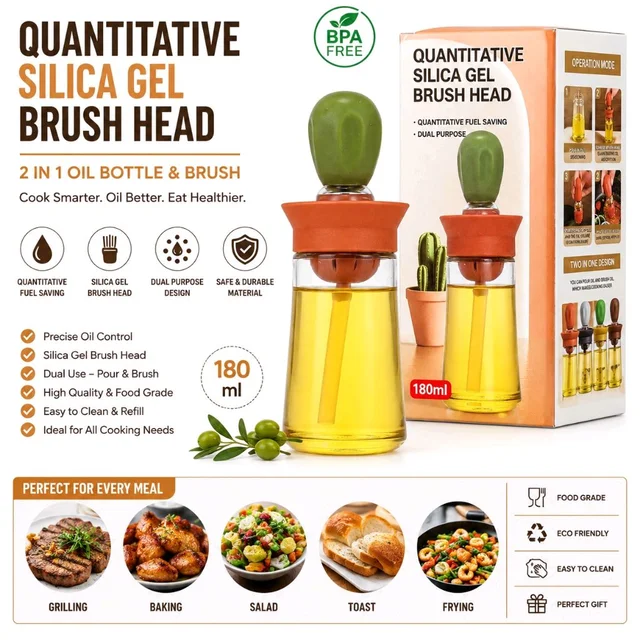 2-in-1 Oil Dispenser Bottle with Food Grade Silicone Basting Brush | 180ml Glass Oil Bottle | Oil Brush for BBQ, Baking, Air Fryer & Cooking | Leak Proof | Refillable Kitchen Oil Dispenser