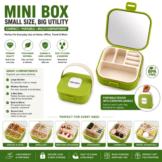 Mini Box Portable Organizer with Mirror & Carrying Handle | Multi-Compartment Storage Box | Travel Organizer for Snacks, Jewellery, Cosmetics, Medicines & Accessories | Compact Lockable Storage Case