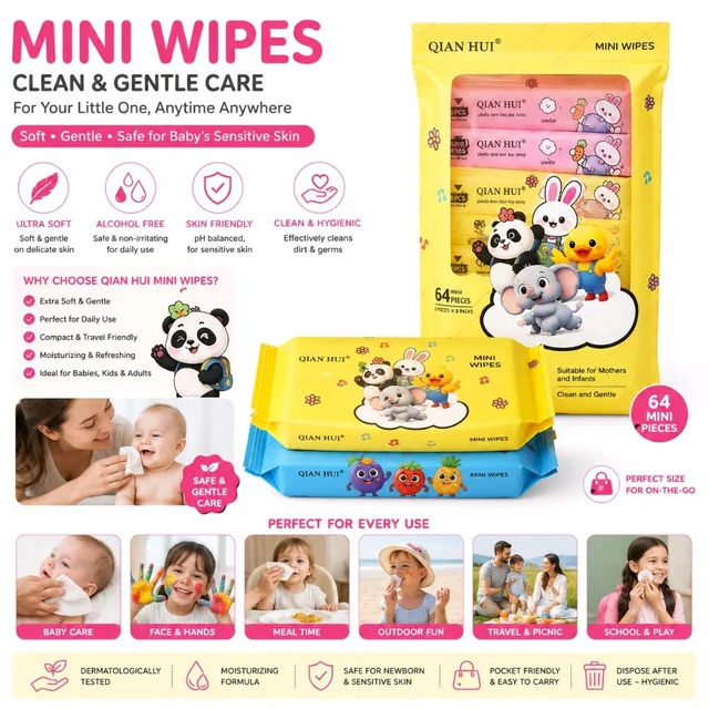 Mini Baby Wet Wipes | 64 Mini Wipes (8 Packs × 8 Wipes) | Soft, Gentle & Travel-Friendly Pocket Wet Wipes for Baby, Face, Hands & Mouth