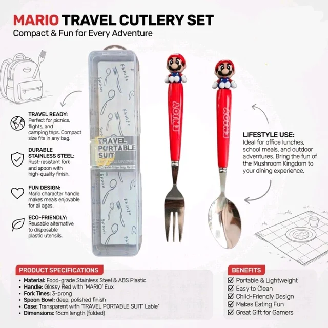 Mario Character Themed Stainless Steel Spoon & Fork Set with Travel Case | Portable Kids Cutlery Set | Reusable Lunch Spoon & Fork Combo | School, Travel & Picnic Tableware