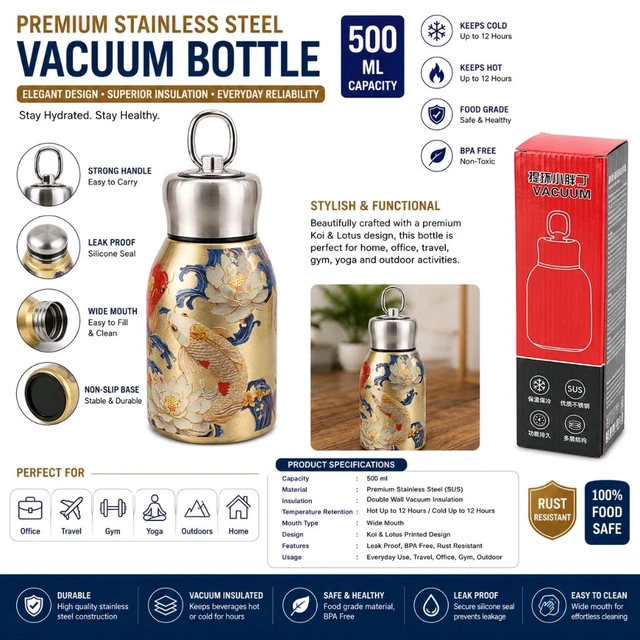 Premium Stainless Steel Vacuum Insulated Water Bottle | Double Wall Thermal Flask | Leak-Proof BPA Free Travel Bottle with Carry Handle | Hot & Cold Water Bottle | Elegant Koi & Lotus Design (500 ml)