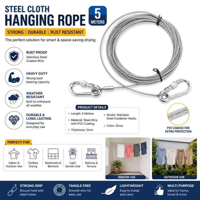 Premium Stainless Steel Clothes Drying Rope 5 Meter with Heavy-Duty Carabiner Hooks | PVC Coated Rust-Proof Steel Wire Clothesline | Indoor & Outdoor Laundry Hanging Cable | Strong, Durable & Weather Resistant