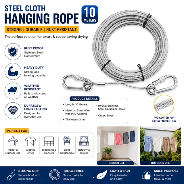 Premium Stainless Steel Clothes Drying Rope 10 Meter with Heavy-Duty Carabiner Hooks | PVC Coated Rust-Proof Steel Wire Clothesline | Indoor & Outdoor Laundry Hanging Cable | Strong, Durable & Weather Resistant