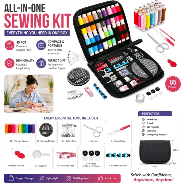 85-Piece Sewing Kit for Home, Travel & Emergency Repairs | All-in-One Tailoring Accessories Set with 18 Thread Spools, 30 Needles, Stainless Steel Scissors, Measuring Tape, Seam Ripper, Buttons, Safety Pins & Zippered Storage Case