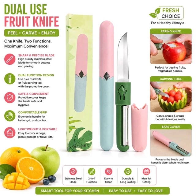 2-in-1 Dual Use Fruit Knife with Vegetable Peeler | Stainless Steel Paring Knife & Peeler Combo | Portable Fruit Cutting Knife with Protective Cover | Compact Kitchen Gadget for Fruits & Vegetables | Travel-Friendly Utility Knife