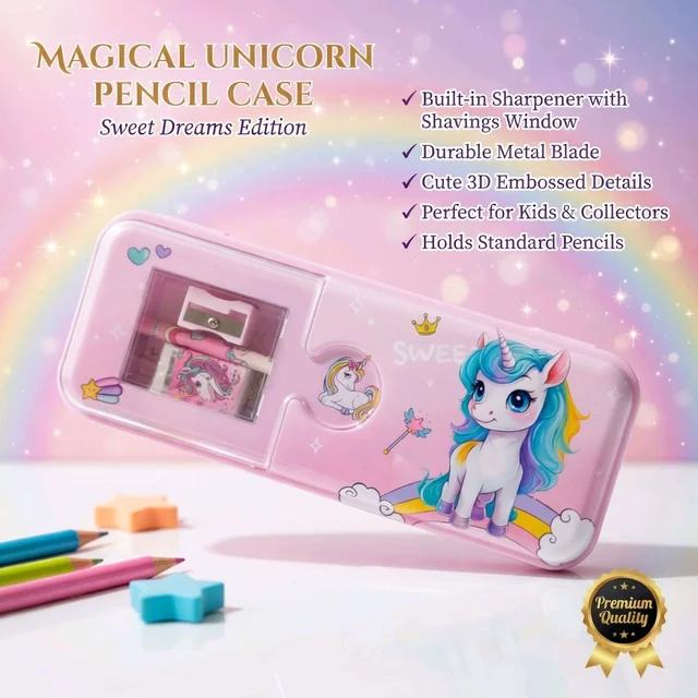 Unicorn Metal Pencil Box with Built-in Sharpener, Pencil, Eraser & Ruler | Cute Unicorn Stationery Set for Girls | Durable Sliding Pencil Case | Pink