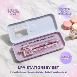 Unicorn Metal Pencil Box with Built-in Sharpener, Pencil, Eraser & Ruler | Cute Unicorn Stationery Set for Girls | Durable Sliding Pencil Case | Pink
