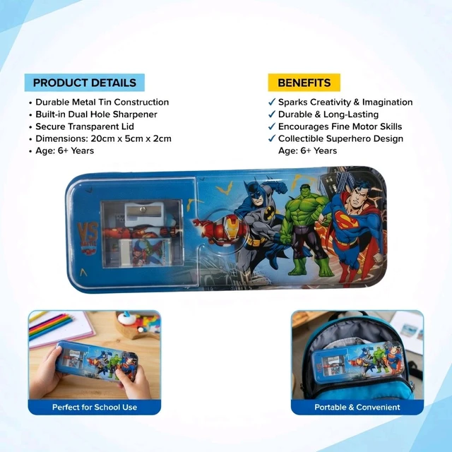 Superhero Metal Pencil Box with Built-in Sharpener & Eraser | Sliding Tin Pencil Case for Kids | School Stationery Box | Blue