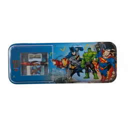 Superhero Metal Pencil Box with Built-in Sharpener & Eraser | Sliding Tin Pencil Case for Kids | School Stationery Box | Blue