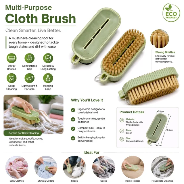 Multi-Purpose Cloth Cleaning Brush with Strong Bristles | Ergonomic Handheld Scrub Brush for Clothes, Shoes, Socks, Collars & Household Cleaning | Compact Green Laundry Brush with Hanging Loop