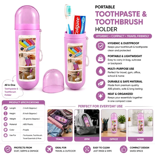 Portable Toothpaste & Toothbrush Holder with Protective Cover | Compact Travel Toothbrush Case Organizer | Lightweight Bathroom & Travel Storage Holder | Random Colour