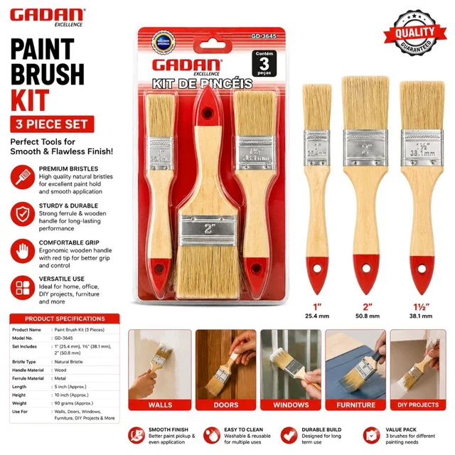 3-Piece Paint Brush Set | 1", 1½" & 2" Paint Brushes | Wooden Handle with Natural Bristles | Brushes for Walls, Doors, Windows, Furniture & DIY Painting Projects