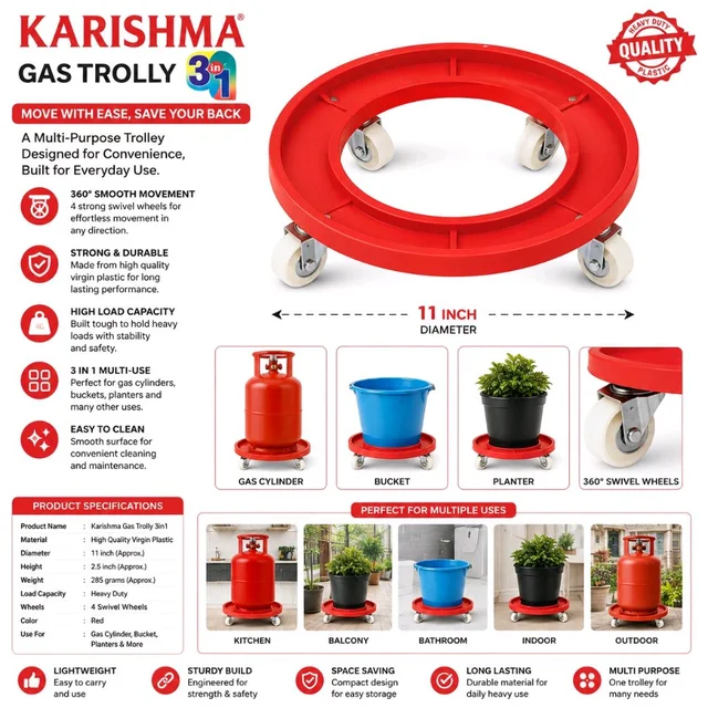 Karishma 3-in-1 Gas Cylinder Trolley | Heavy-Duty Virgin Plastic LPG Cylinder Stand with 4 Swivel Wheels | Multipurpose Moving Trolley for Gas Cylinder, Bucket & Planters | Red | 11 Inch Diameter