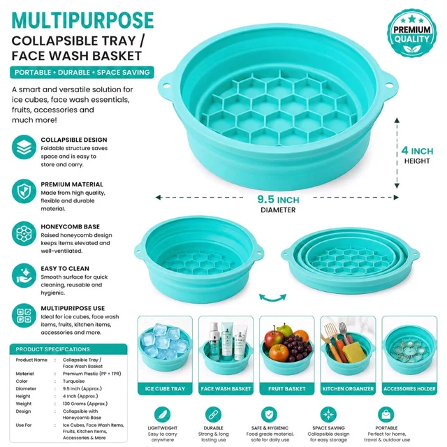 Multipurpose Collapsible Tray & Face Wash Basket, Portable Foldable Storage Bowl with Honeycomb Base, Space-Saving Organizer for Ice Cubes, Fruits, Kitchen Items & Bathroom Essentials – 9.5 Inch | Assorted Colour