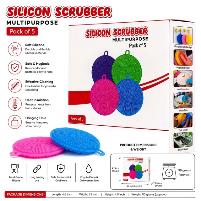 Multipurpose Silicone Scrubber Pack of 5 | Reusable Silicone Dish Scrubber & Kitchen Cleaning Pad | For Fruits, Vegetables, Dishes, Sink & Kitchen Surfaces | Flexible Scrubbing Pad with Hanging Hole