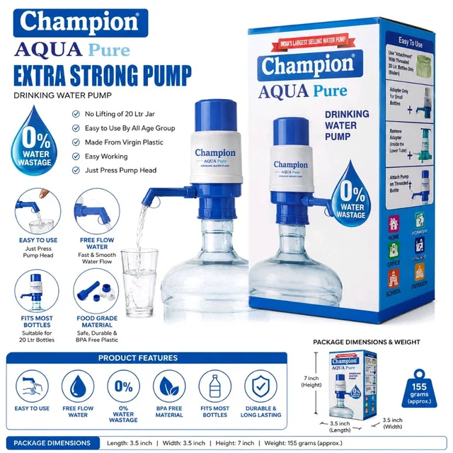 Champion AQUA Pure Extra Strong Drinking Water Pump | Manual Water Dispenser Pump for 20 Litre Water Bottles | Easy Press-Top Operation | No Lifting Required | Portable Hand Pump for Home, Office & More