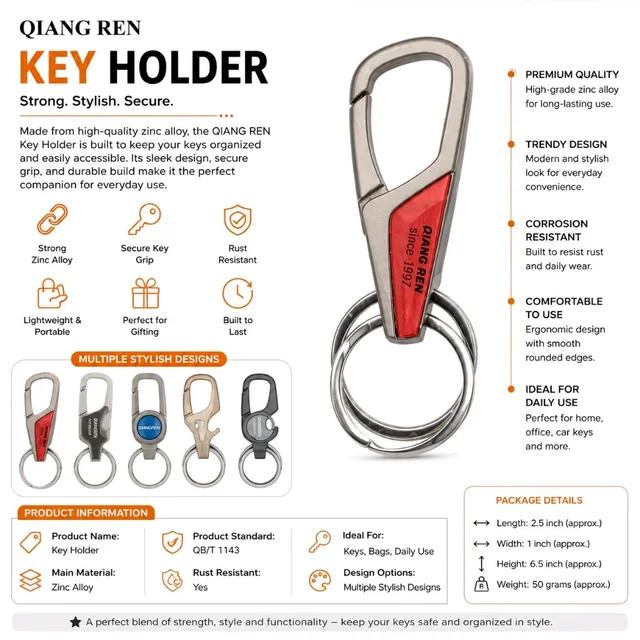 QIANG REN Zinc Alloy Key Holder Keychain with Dual Key Rings, Strong & Stylish Carabiner-Style Key Organizer, Lightweight Keychain for Home, Office, Travel & Everyday Use – Assorted Designs & Colours