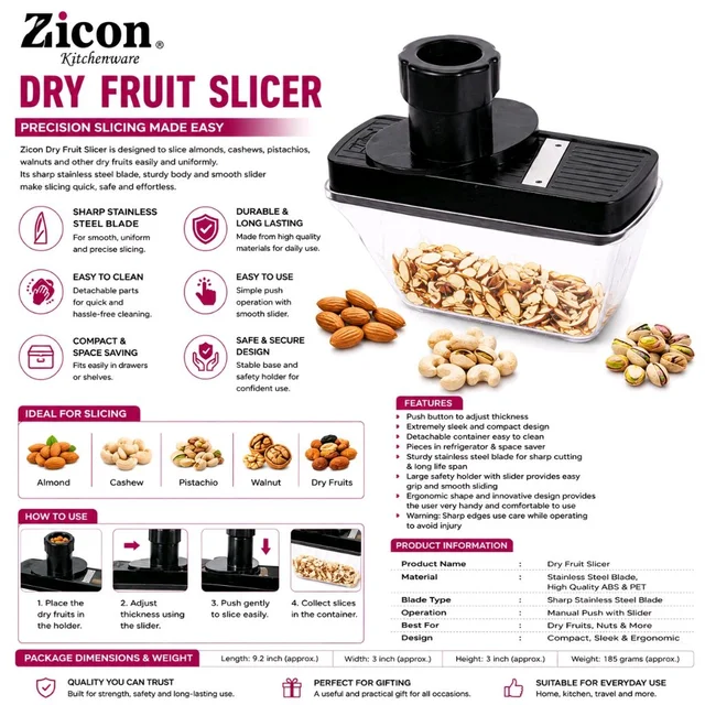 Zicon Kitchenware Dry Fruit Slicer with Sharp Stainless Steel Blade | Manual Nut & Dry Fruit Cutter with Adjustable Slicing, Safety Holder & Collection Container
