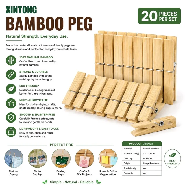 XINTONG Bamboo Pegs 20 Pieces, Natural Bamboo Cloth Clips with Strong Metal Spring, Reusable Clothesline Clips for Laundry, Photos, Crafts, Sealing Bags & Home Organization