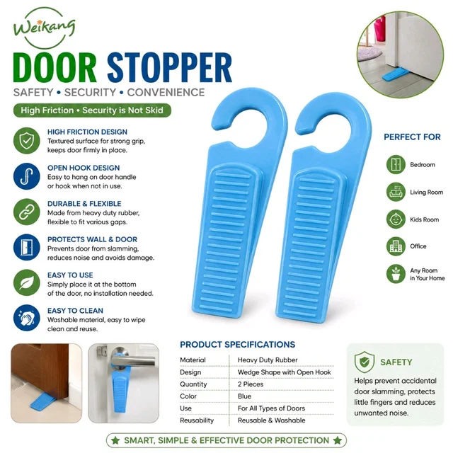 Weikang Door Stopper – Heavy-Duty Rubber Door Wedge with High-Friction Grip & Open Hook, Anti-Skid Door Holder for Home, Office & Kids Room – 2 Pieces, Assorted Colour