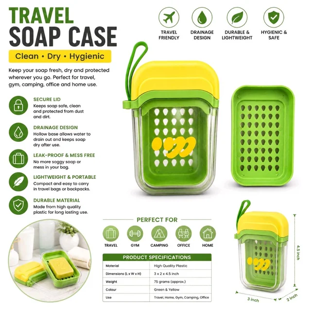 Travel Soap Case with Drainage Tray, Compact Portable Soap Holder for Bathroom, Travel, Gym & Outdoor Use – Green | Assorted Colour