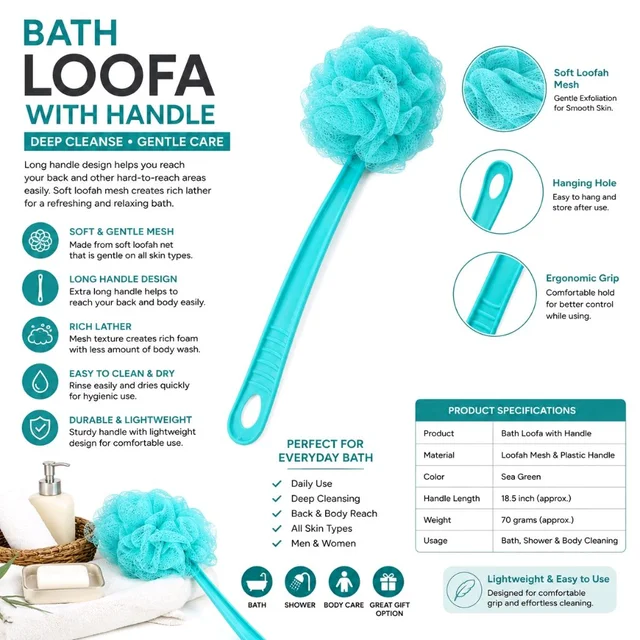 Bath Loofah with Long Handle for Back & Body | Soft Mesh Body Scrubber for Gentle Exfoliation, Rich Lather & Deep Cleansing | Lightweight Shower Loofah for Men & Women – 18.5 Inch | Assorted Colour