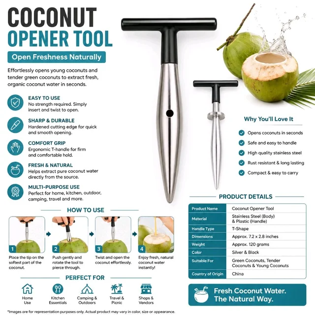 VOcen Coconut Opener Tool for Green & Tender Coconuts | Manual Coconut Water Opener with Comfortable T-Handle | Easy-Piercing Coconut Drill for Fresh Coconut Water | Compact Kitchen & Outdoor Tool
