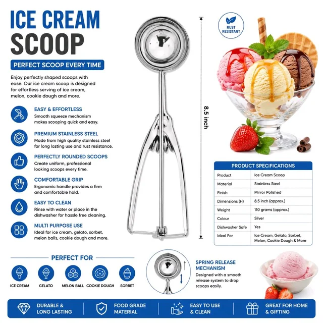 Stainless Steel Ice Cream Scoop with Spring Release Mechanism | Heavy-Duty Ice Cream, Gelato, Sorbet & Cookie Dough Scoop | 8.5 Inch, Silver