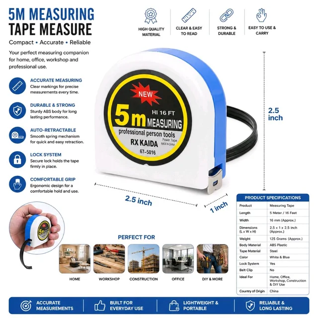5 Meter / 16 Feet Measuring Tape, Compact Retractable Measuring Tape with Lock, Durable Portable Tape Measure for Home, Office, Workshop, DIY & Construction