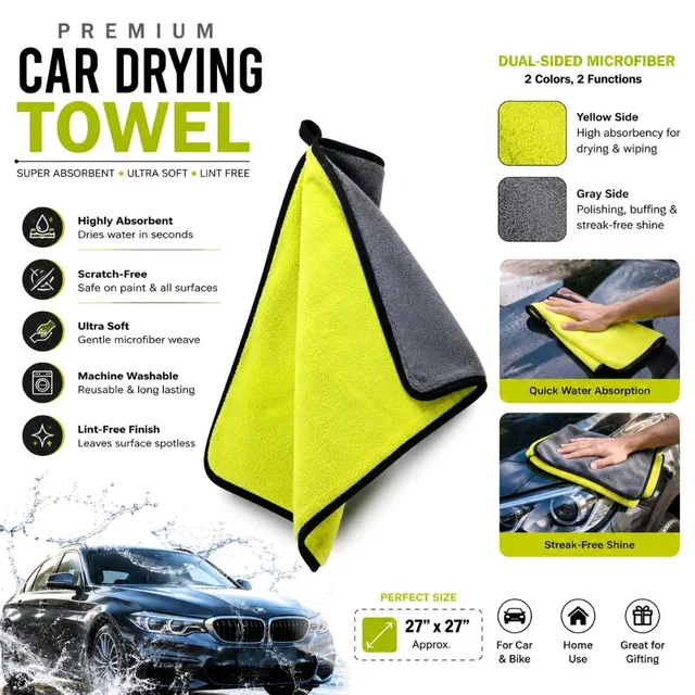 Premium Microfiber Car Drying Towel 27" × 27" | Super Absorbent Car Cleaning & Detailing Cloth | Ultra-Soft, Lint-Free, Scratch-Free Microfiber Towel for Cars, Bikes & Home Cleaning | Assorted Colour