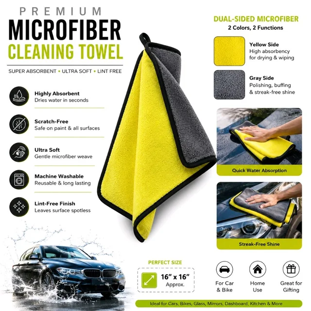 Premium Microfiber Cleaning Towel 16" × 16" | Super Absorbent Dual-Sided Car Cleaning & Detailing Cloth | Ultra-Soft, Lint-Free Towel for Cars, Bikes, Glass, Home & Kitchen Cleaning | 1 Piece | Assorted Colour
