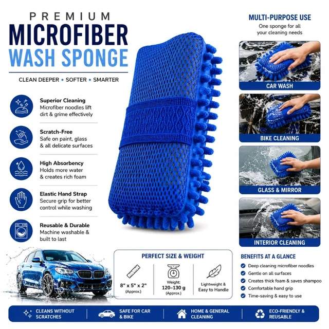 Premium Microfiber Car Wash Sponge with Chenille Cleaning Noodles & Elastic Hand Grip | Reusable Car, Bike, Glass & Home Cleaning Washing Sponge | 8 × 5 × 2 Inch Approx | Blue Colour 