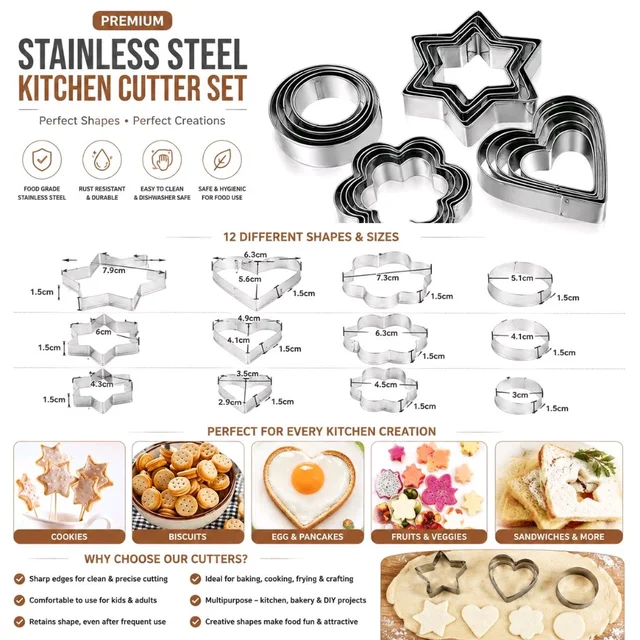 Stainless Steel Cookie & Food Cutter Set | Star, Heart, Flower & Round Shape Moulds | Multi-Size Biscuit, Cookie, Sandwich, Fruit & Vegetable Cutters | Baking & Kitchen Decorating Tools