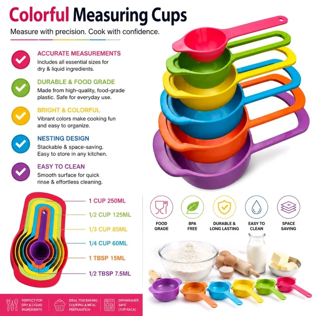 Measuring Cups & Spoons Set for Kitchen, 6-Piece Nesting Measuring Cups & Spoons with 1 Cup 250ml, 1/2 Cup 125ml, 1/3 Cup 85ml, 1/4 Cup 60ml & Spoon Measures – Multicolor