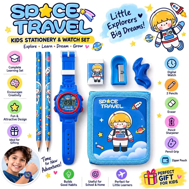 Space Travel Kids Stationery & Digital Watch Gift Set | Complete School Essentials Kit with 2 Pencils, Eraser, Sharpener, Pencil Grip & Zipper Pouch | Fun Astronaut Theme Gift Set for Kids