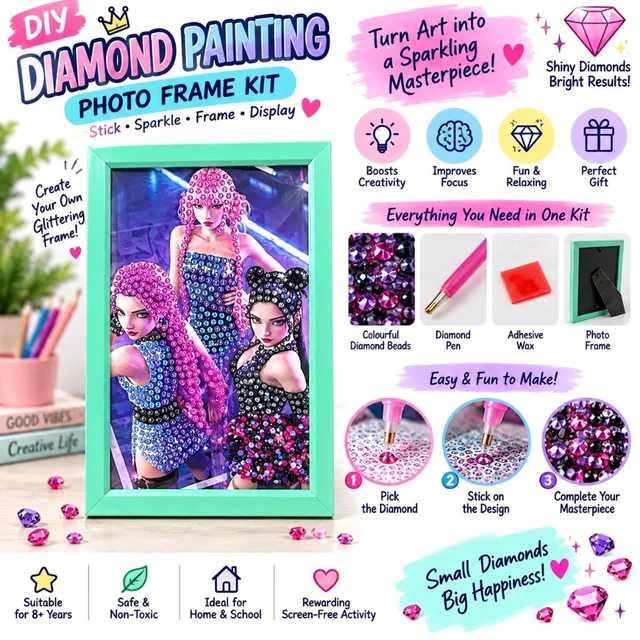 DIY K-POP Diamond Painting Photo Frame Kit for Kids & Adults | Sparkling Diamond Art Craft Set with Colourful Diamond Beads, Applicator Pen, Wax & Frame | Creative Art & Hobby Activity | Decorative Handmade Gift