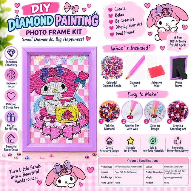 DIY Diamond Painting Photo Frame Kit | Cute Bunny Theme Diamond Art Craft Set with Colourful Diamond Beads, Applicator Pen, Wax & Frame | Creative Hobby Activity for Kids & Adults | Decorative DIY Art Gift