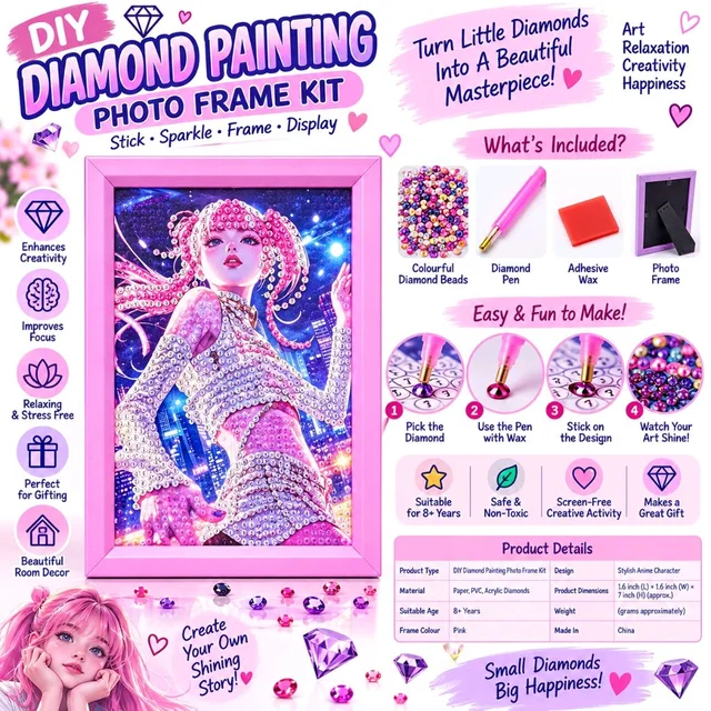 DIY Diamond Painting Photo Frame Kit | Stylish Character Diamond Art Craft Set with Colourful Diamond Beads, Applicator Pen & Wax | Pink Frame | Creative Hobby Activity for Kids & Adults | Decorative DIY Art Gift