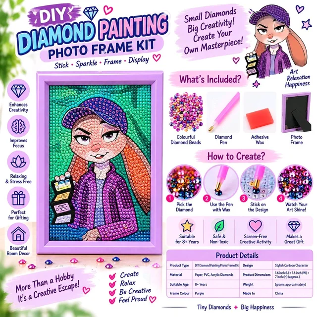 DIY Diamond Painting Photo Frame Kit | Stylish Cartoon Character Diamond Art Craft Set with Colourful Diamond Beads, Applicator Pen & Wax | Purple Frame | Creative Hobby Activity for Kids & Adults | DIY Decorative Art Gift