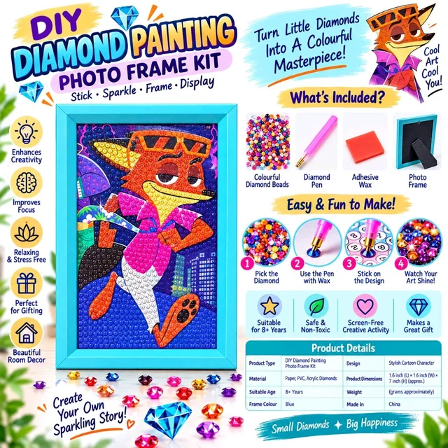 DIY Diamond Painting Photo Frame Kit | Cool Cartoon Fox Character Diamond Art Craft Set with Colourful Diamond Beads, Applicator Pen & Wax | Blue Frame | Creative Hobby Activity for Kids & Adults | DIY Decorative Art Gift