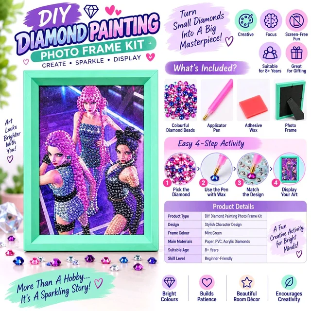 DIY Diamond Painting Photo Frame Kit | Glamorous Fashion Character Diamond Art Craft Set with Colourful Diamond Beads, Applicator Pen & Wax | Mint Green Frame | Creative Hobby Activity for Kids & Adults | Decorative DIY Art Gift
