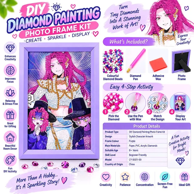 DIY Diamond Painting Photo Frame Kit for Kids & Adults – Creative Diamond Art Craft with Colourful Acrylic Diamonds, Diamond Pen & Wax – Decorative Character Artwork – Beginner-Friendly DIY Activity